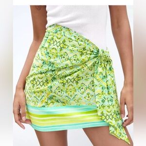 ZARA CONTRAST PRINT MINI SKIRT WRAP TIE SARONG GREEN PAISLEY size small
